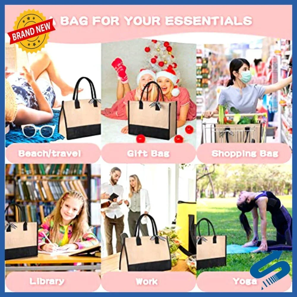 Large Jute Tote Bags Set Reusable Burlap Beach Shopping Grocery DIY Gift